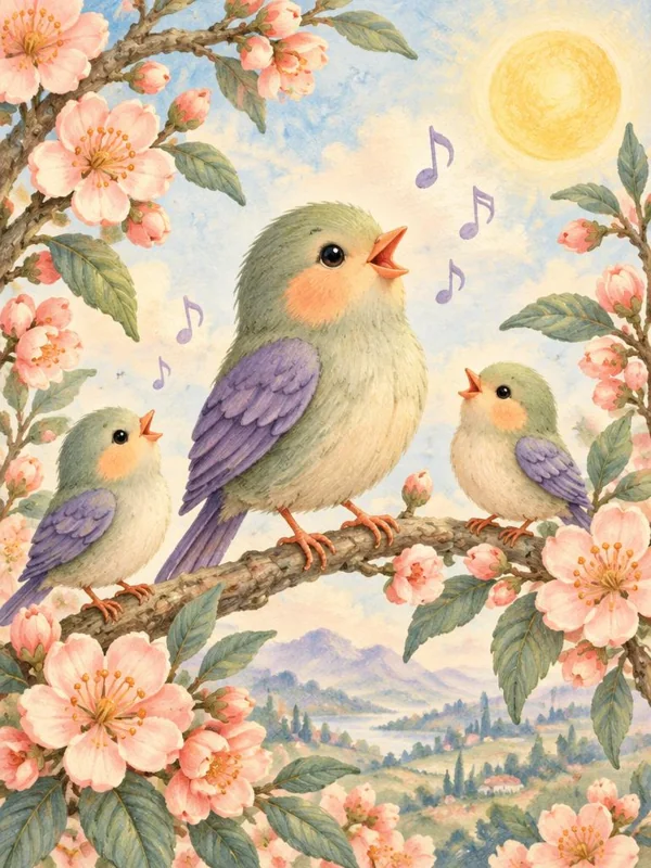 L’oiseau Wulin chante avec deux petits oiseaux sur une branche fleurie