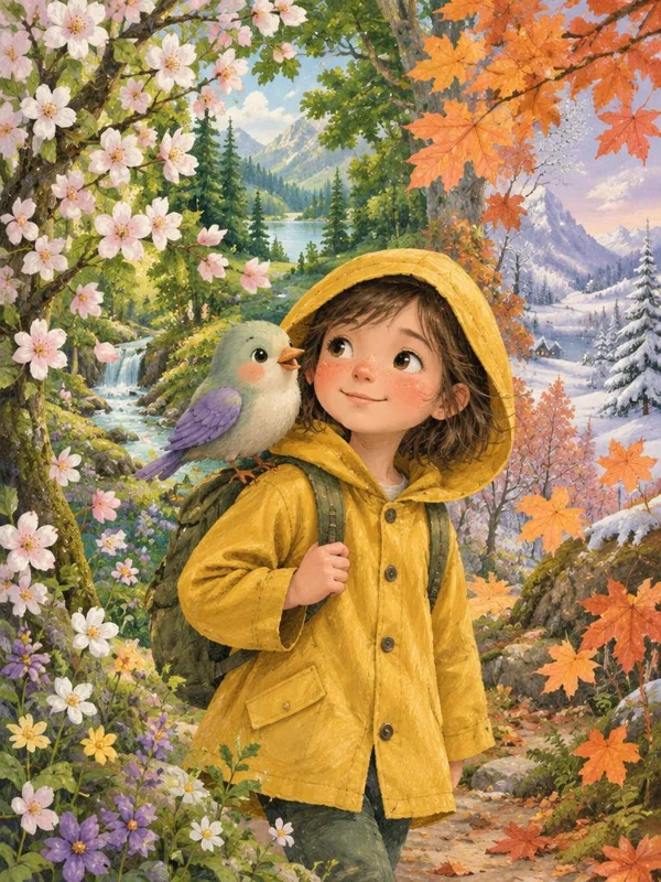 Un enfant et l’oiseau Wulin découvrent la forêt au fil des saisons