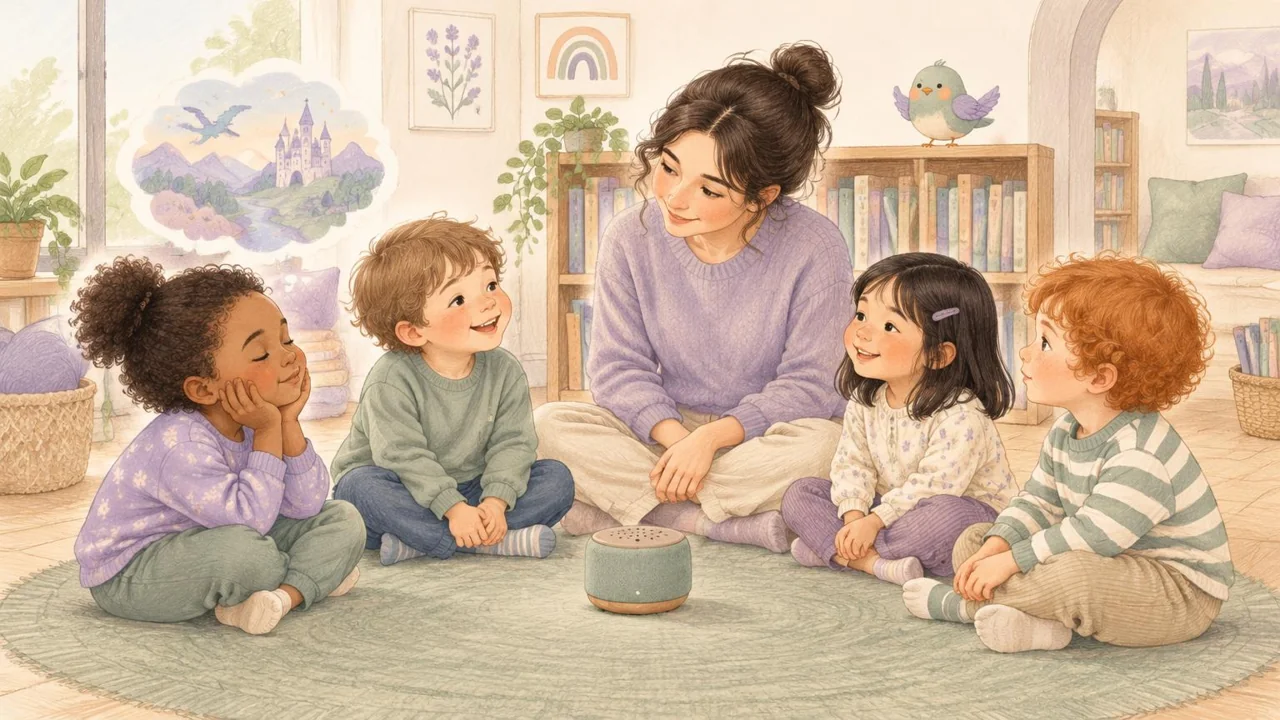 Illustration : quatre enfants et une éducatrice partagent une histoire autour d’une enceinte, sans écran